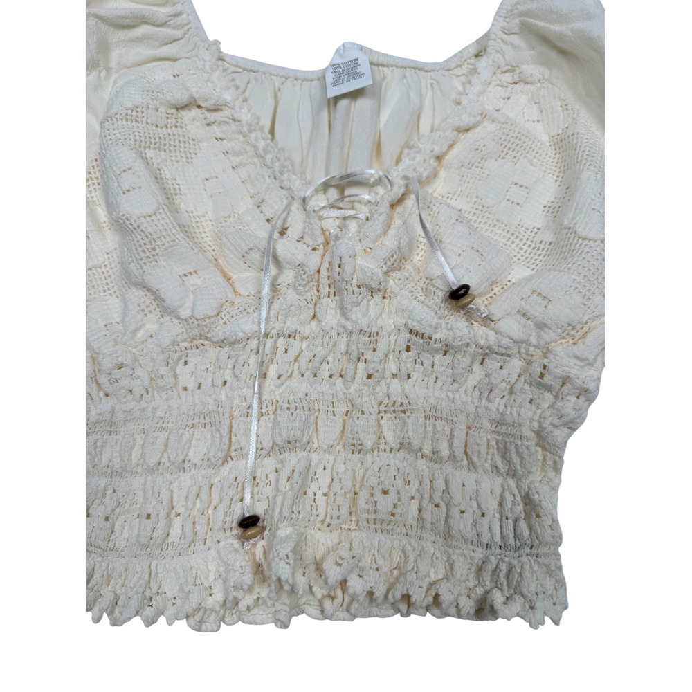 Magiu Ivory Cottagecore Milkmaid Crop Top Smocked Puff Sleeve Lace Up Boho - Picture 3 of 5